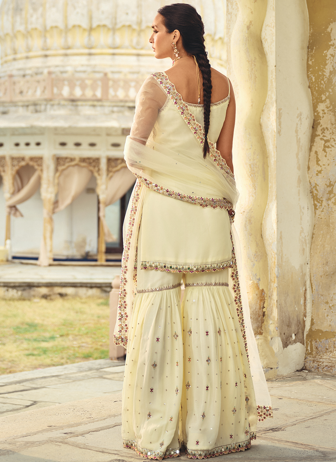 Ivory Embroidered Georgette Gharara