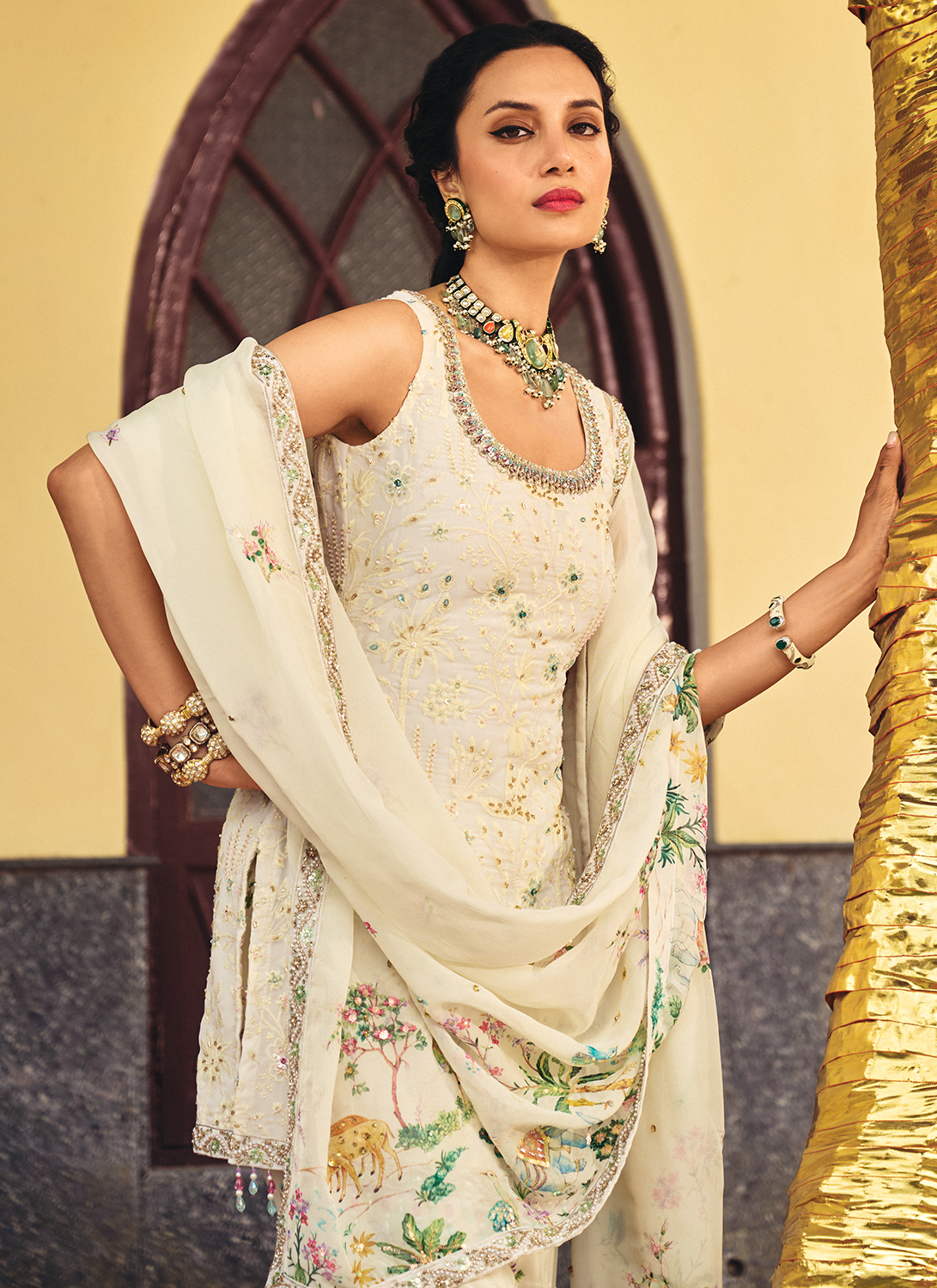 Ivory Embroidered Tissue Silk Gharara
