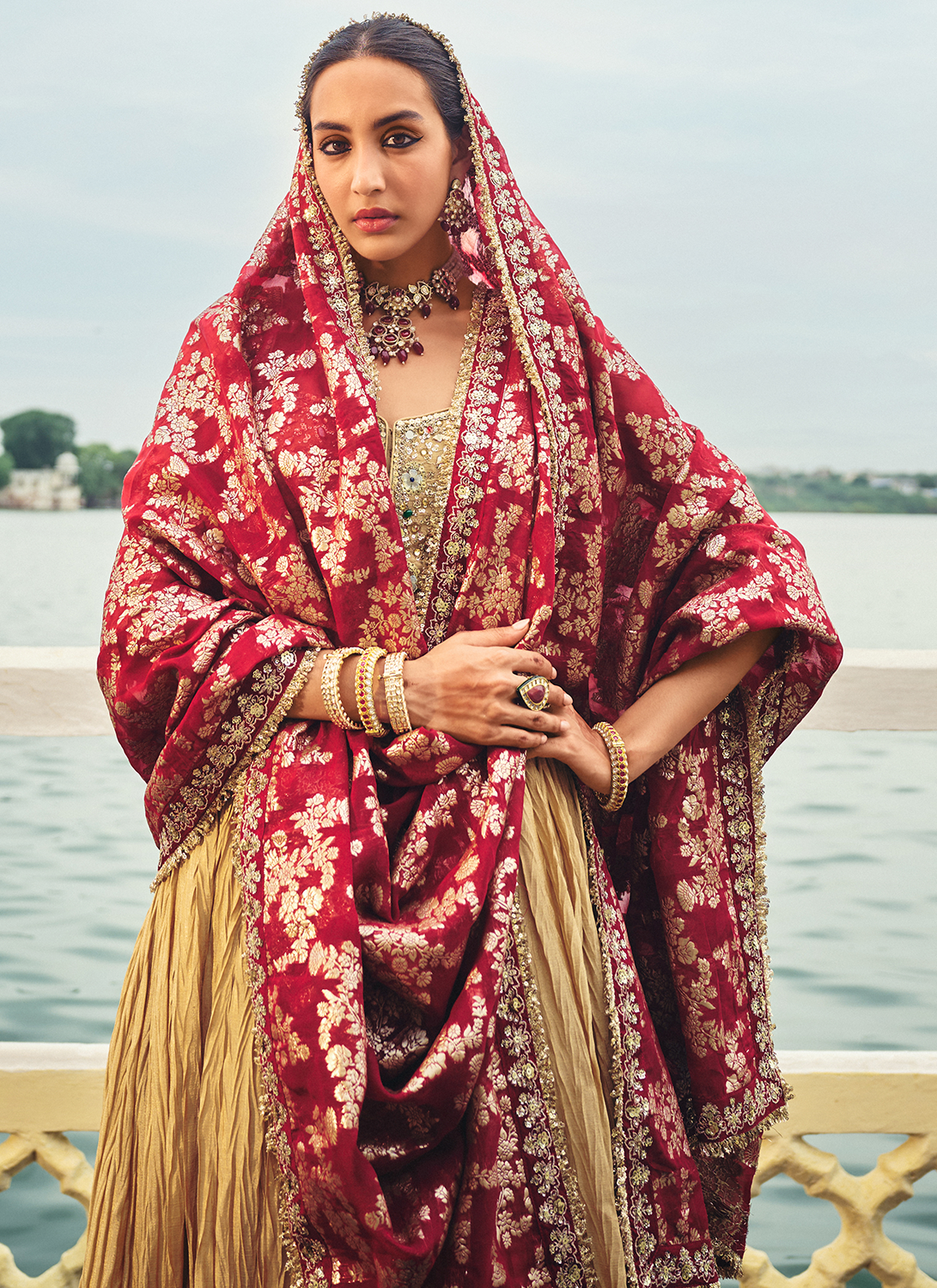 Gold and Maroon Embroidered Chinon Lehenga