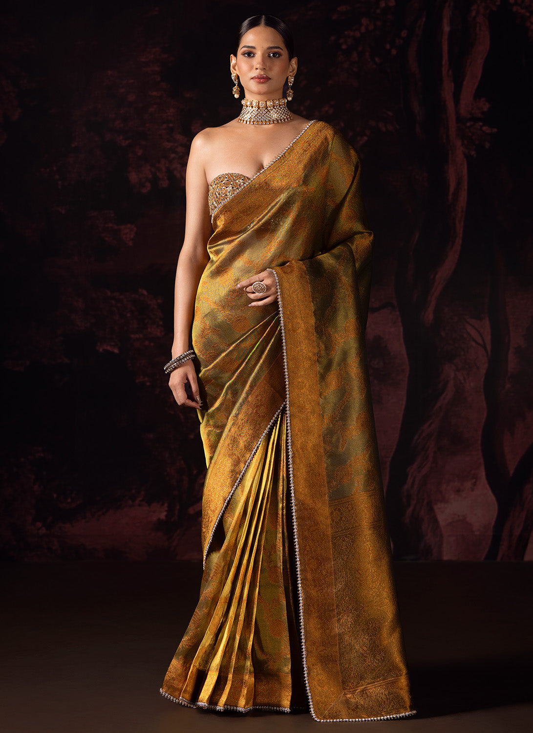 Dark Copper and Gold Embroidered Tissue Saree