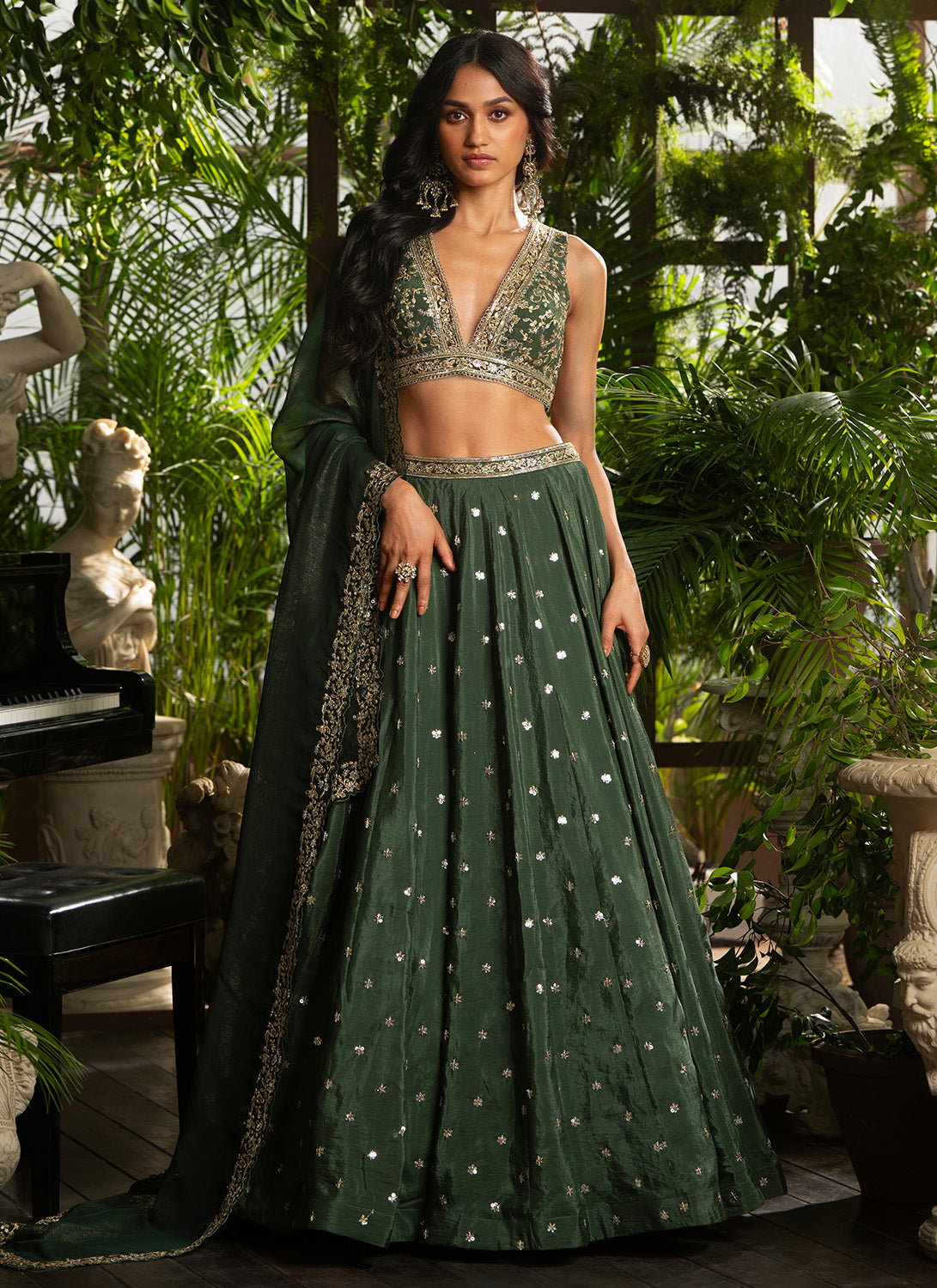 Dark Green Embroidered Crepe Silk Lehenga