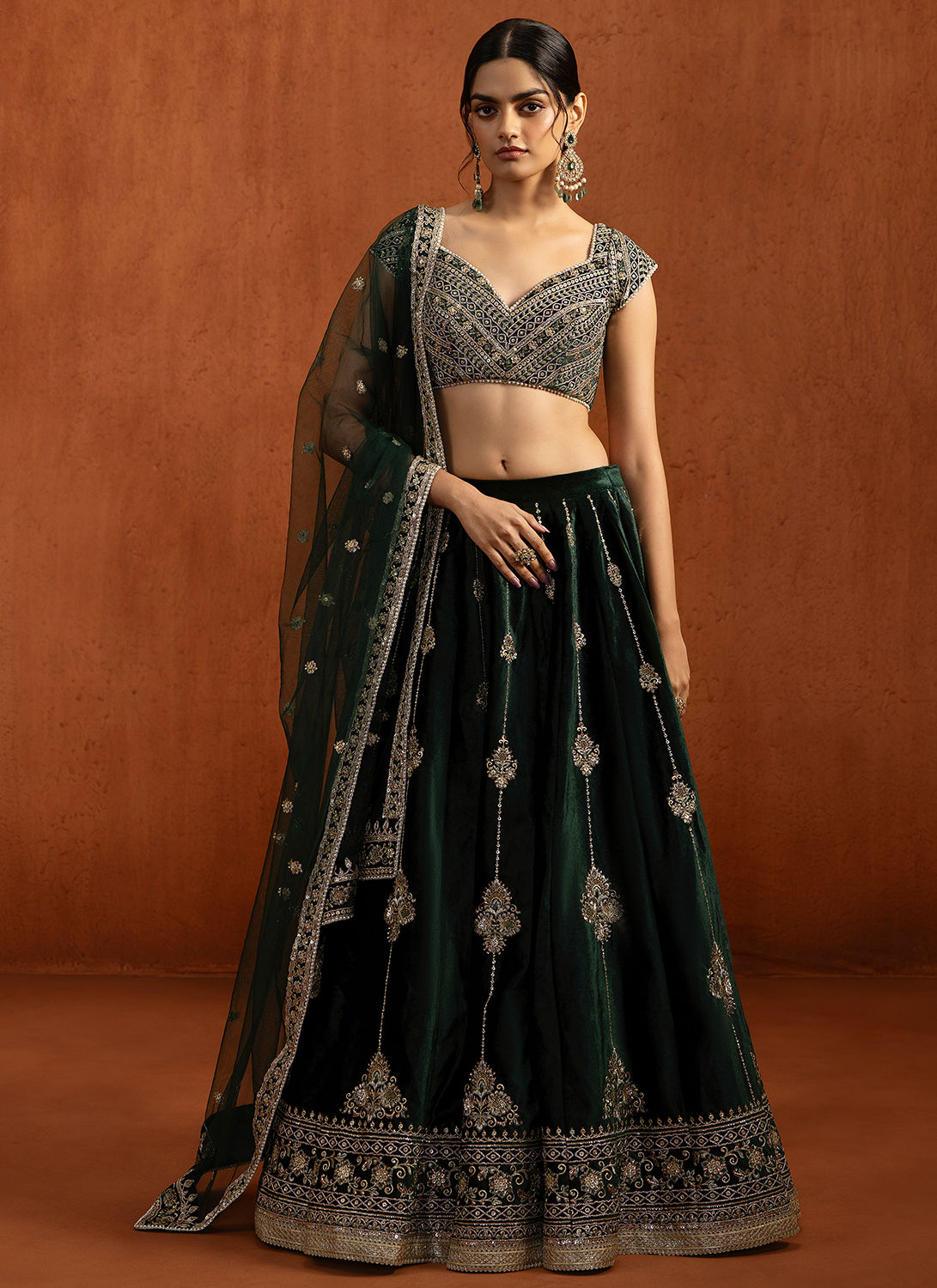 Dark Green Embroidered Velvet Lehenga