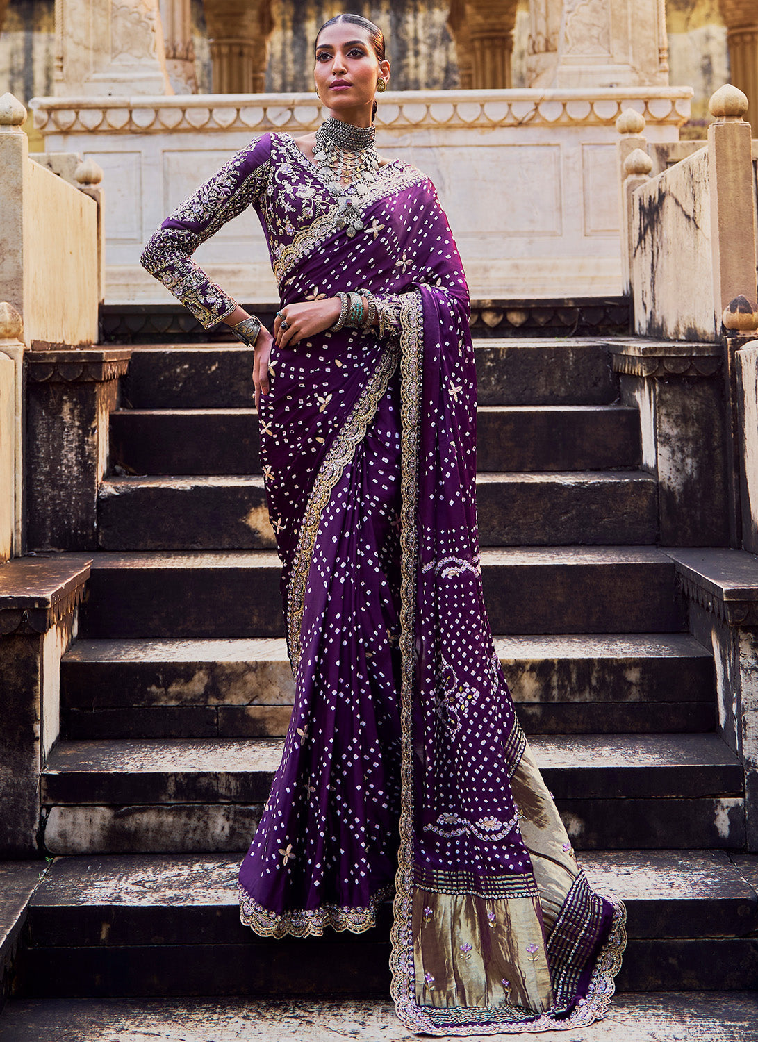 Deep Purple Embroidered Pure Bandhani Saree