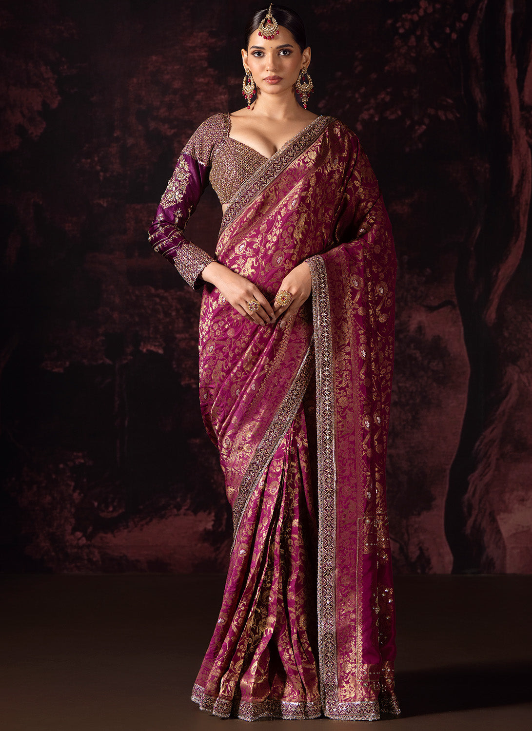 Deep Wine Embroidered Silk Saree