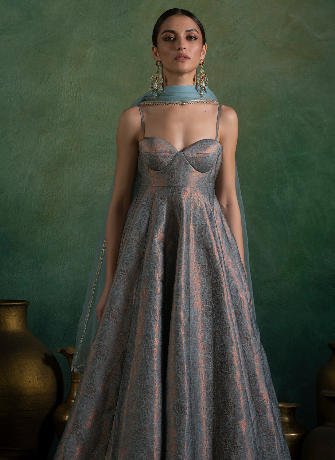 Dusty Aqua Blue Embroidered Brocade Anarkali