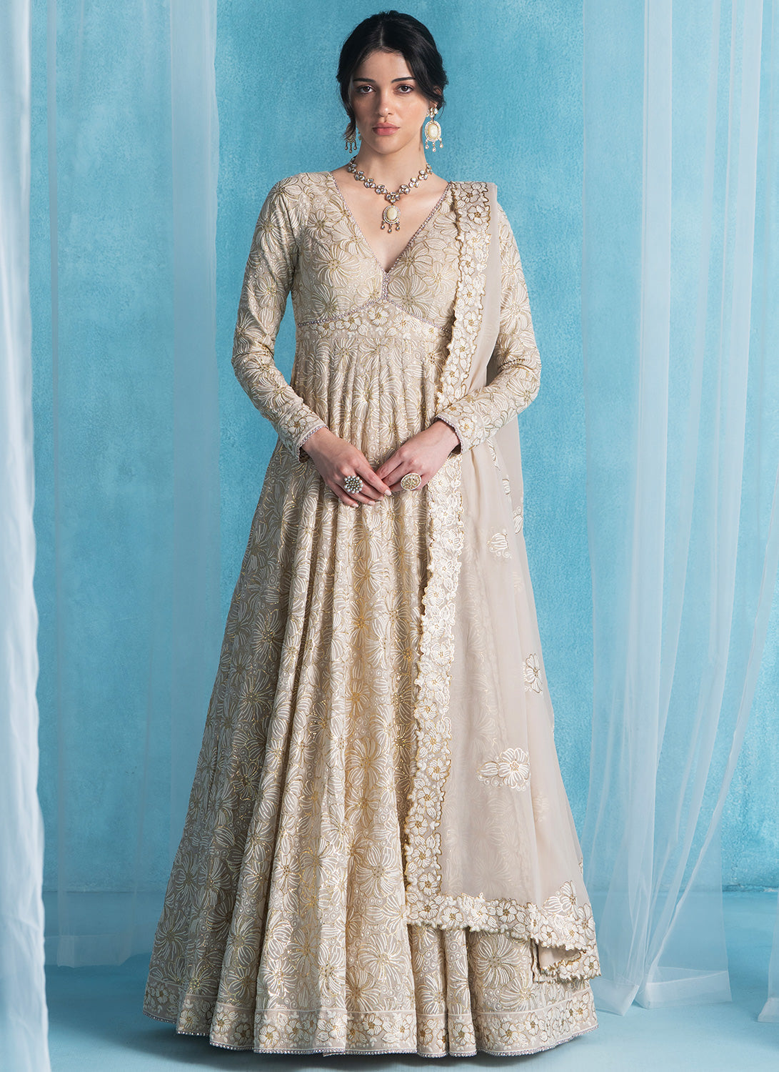 Dusty Beige Embroidered Lucknowi Anarkali
