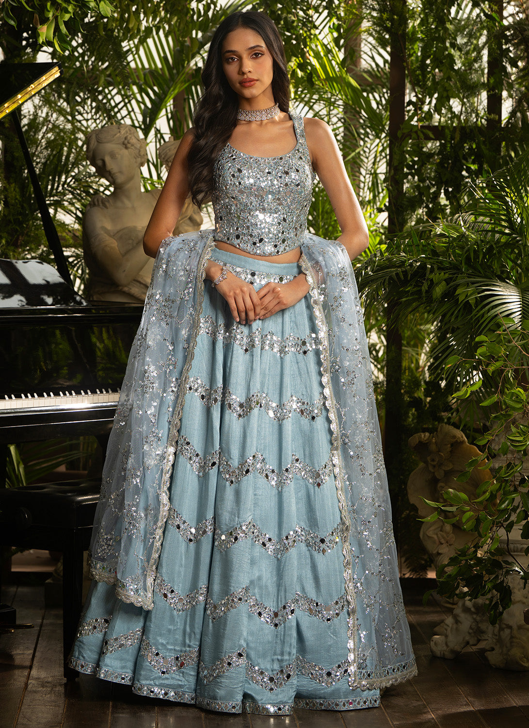 Dusty Blue Embroidered Pure Silk Lehenga