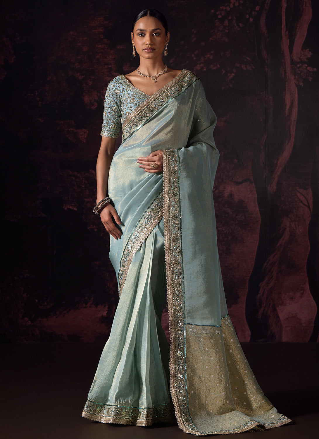 Dusty Blue Embroidered Tissue Saree