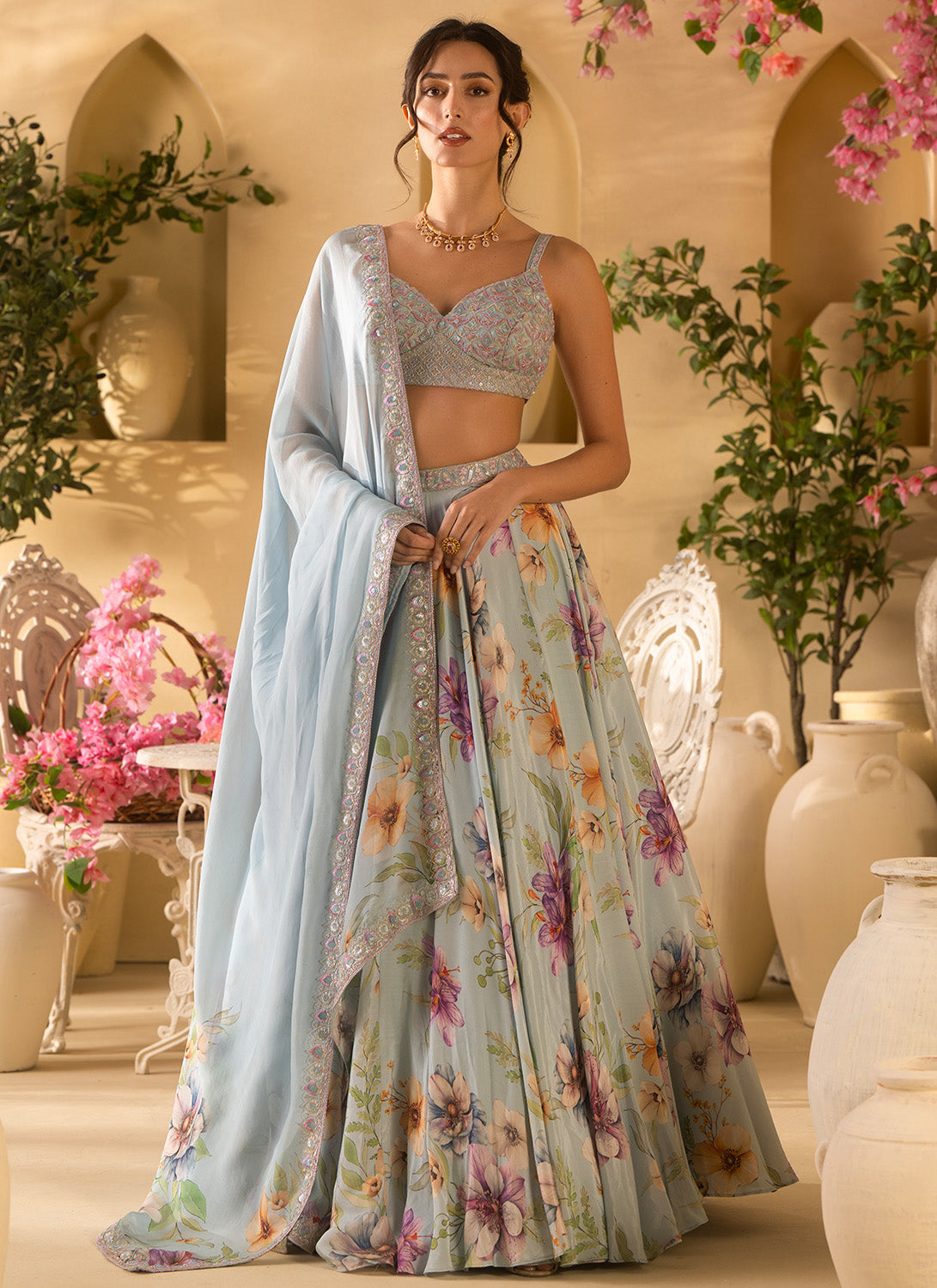 Dusty Blue Floral Embroidered Satin Georgette Lehenga