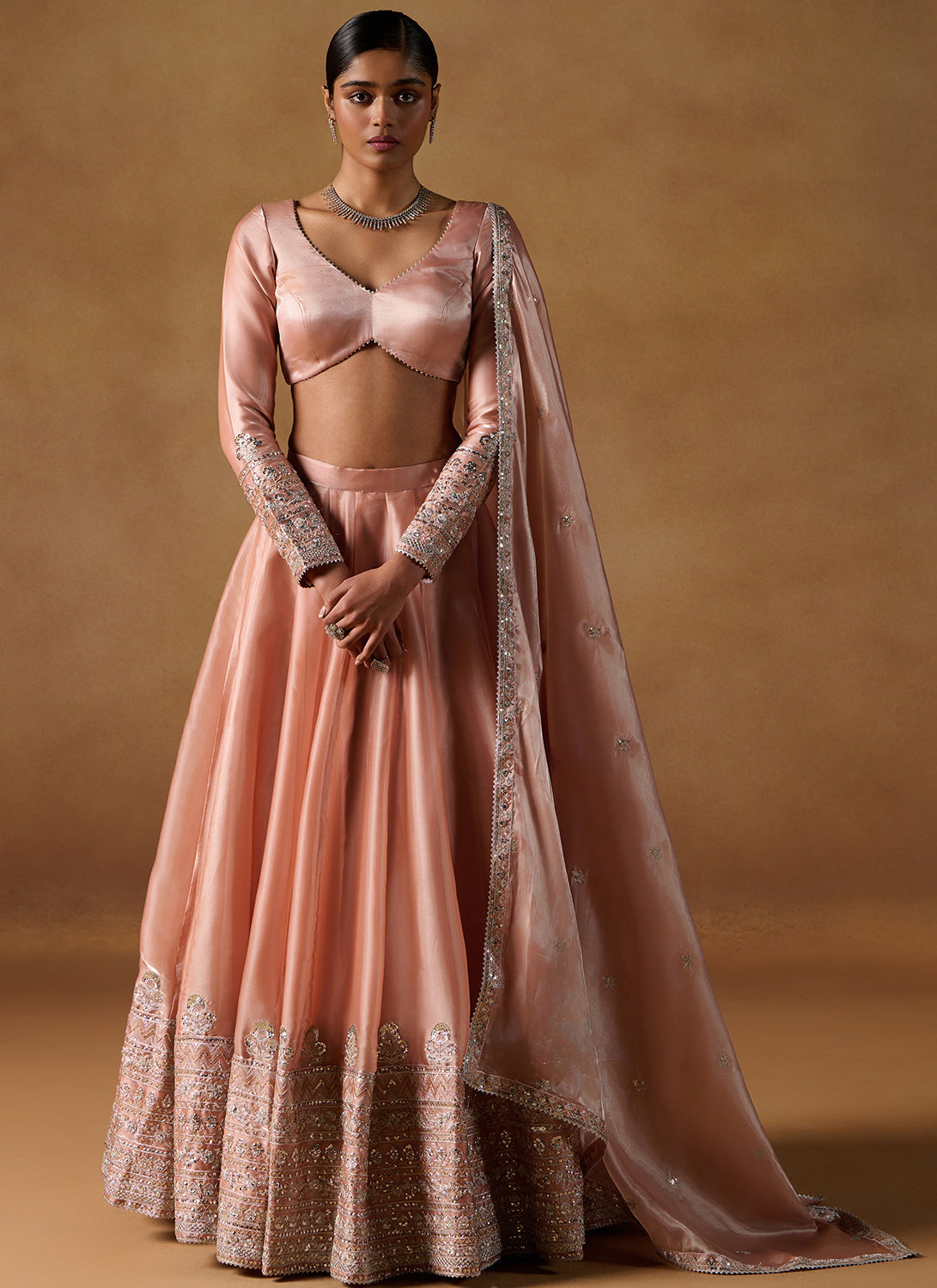 Dusty Coral Embroidered Tissue Lehenga