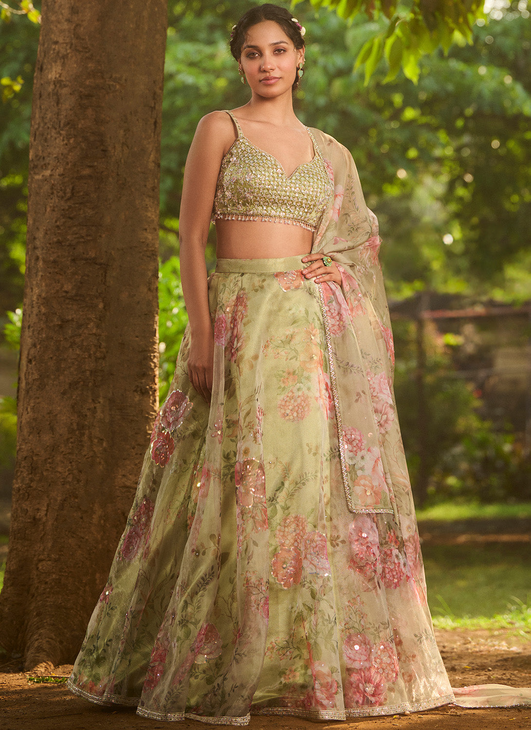 Dusty Green Floral Embroidered Lehenga