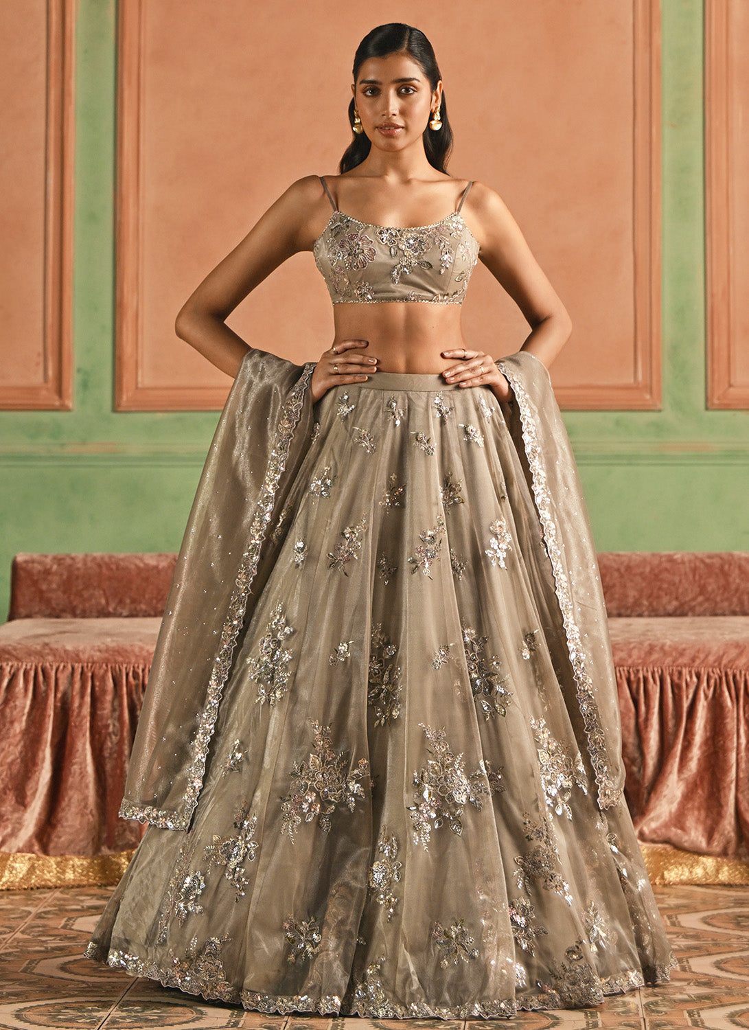 Dusty Grey Embroidered Net Lehenga