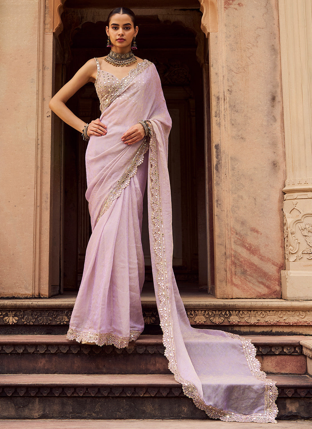 Dusty Lilac Embroidered Silk Saree