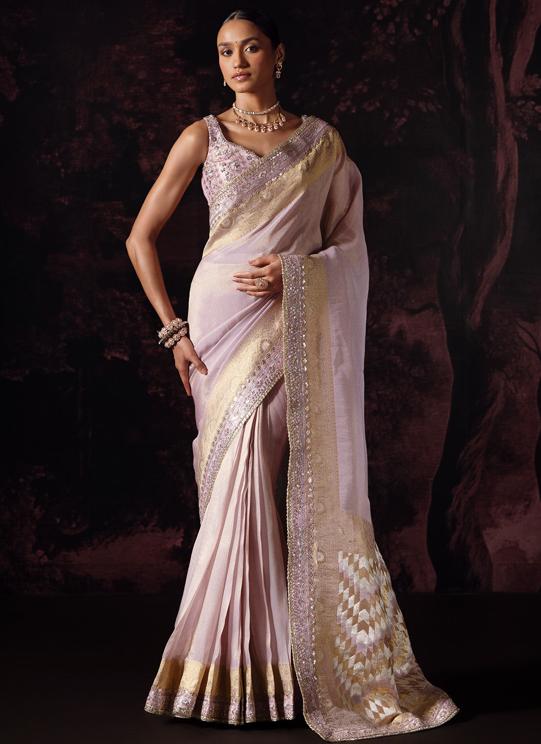 Dusty Lilac Embroidered Tissue Saree
