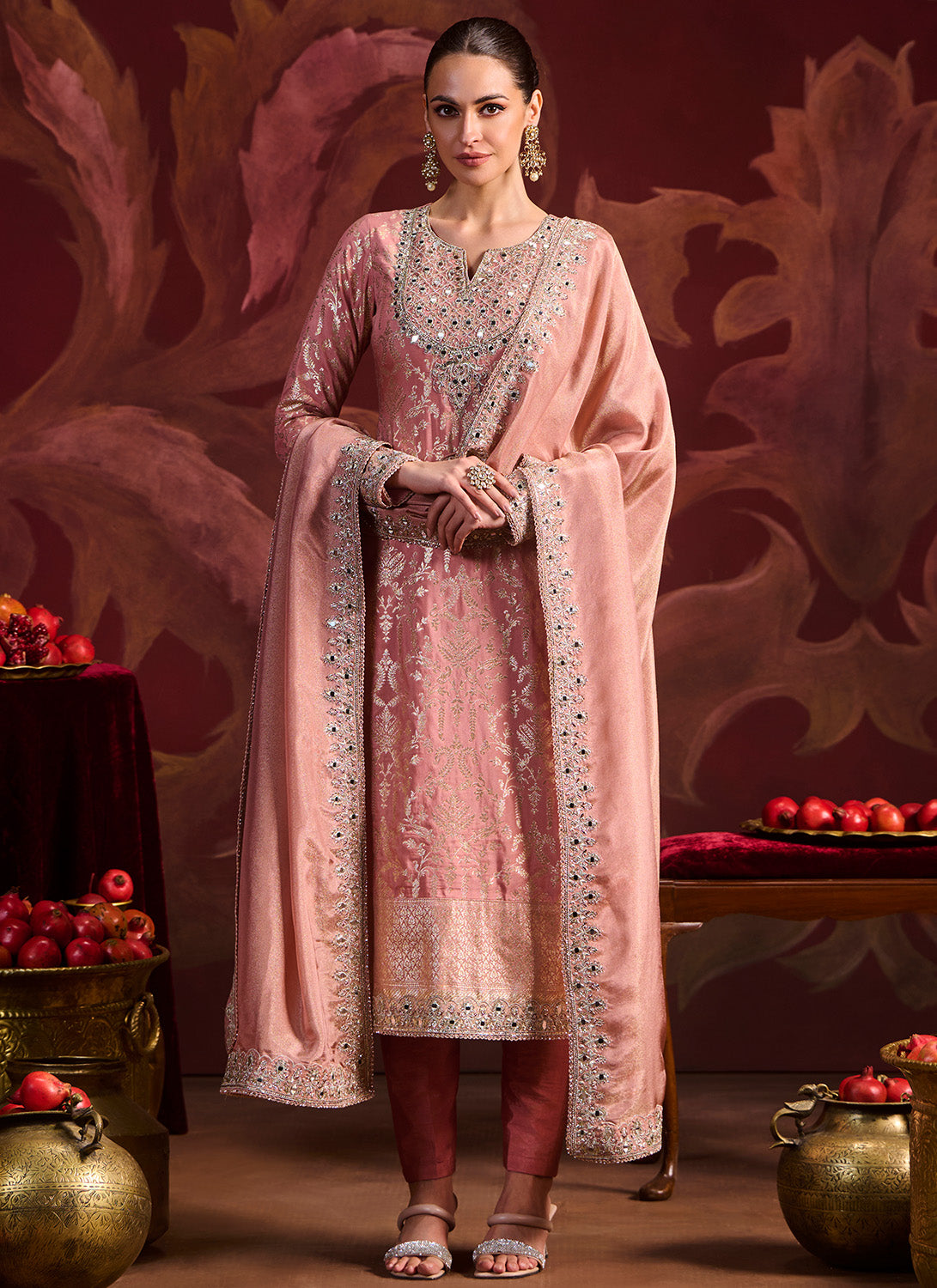 Dusty Peach Embroidered Brocade Pant Suit