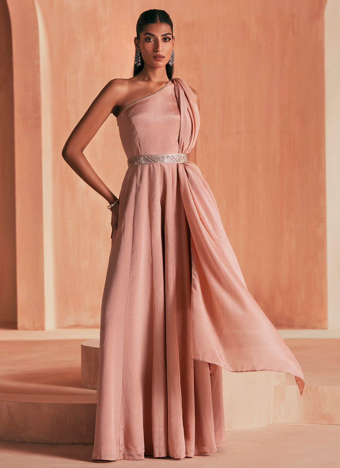 Dusty Peach Embroidered Chiffon Jumpsuit Set