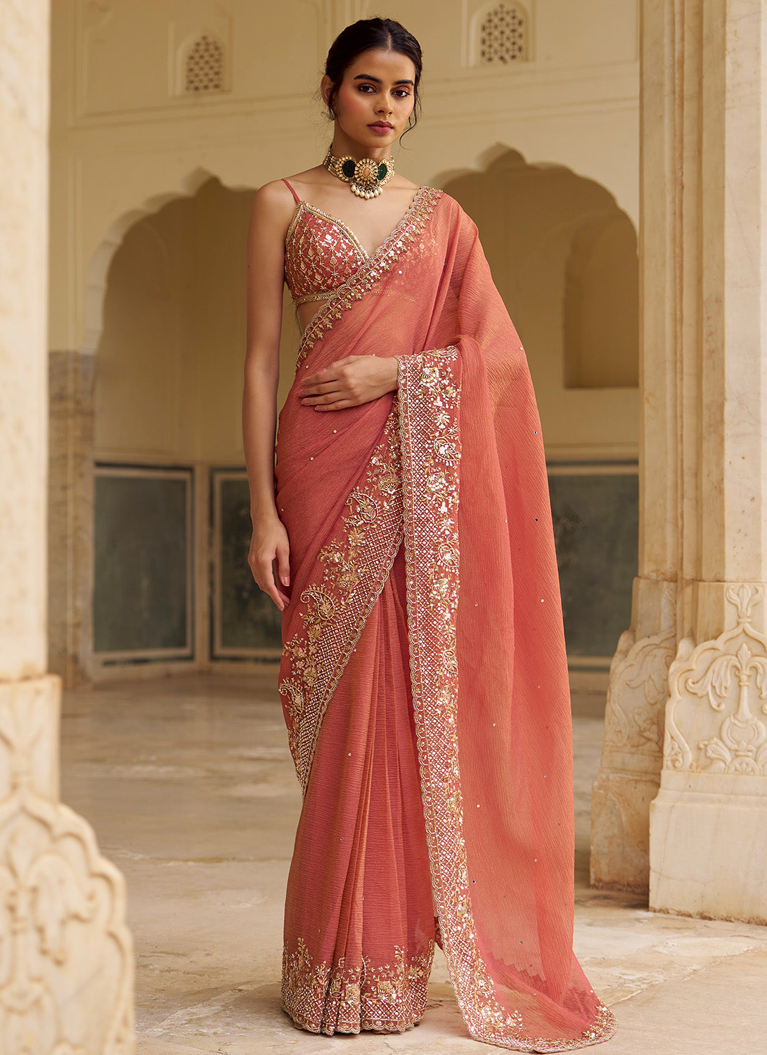 Dusty Peach Embroidered Tissue Saree
