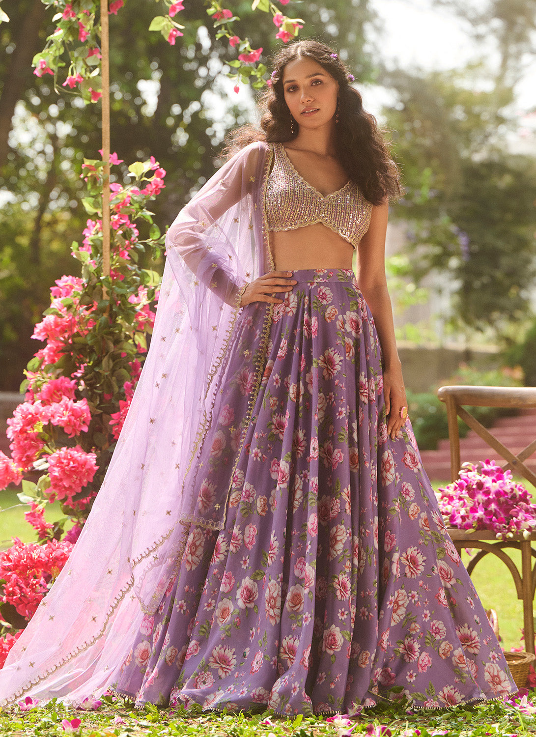 Dusty Purple Multicolor Floral Embroidered Lehenga