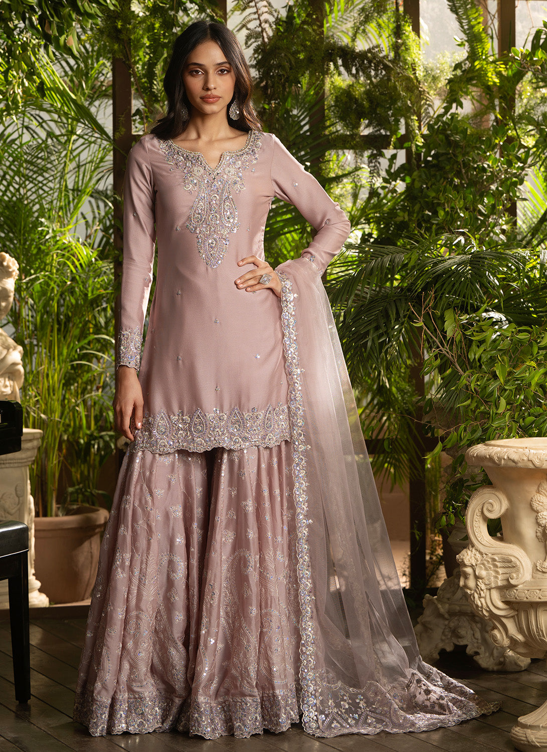 Dusty Rose Embroidered Georgette Gharara