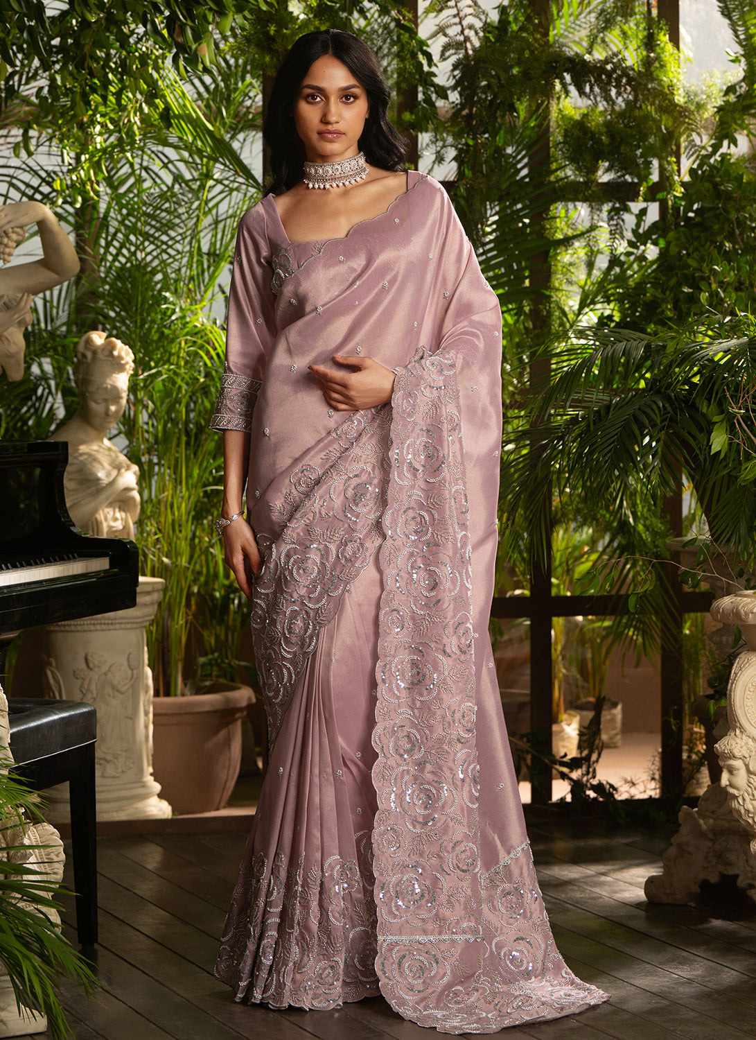Dusty Rose Embroidered Tissue Silk Saree