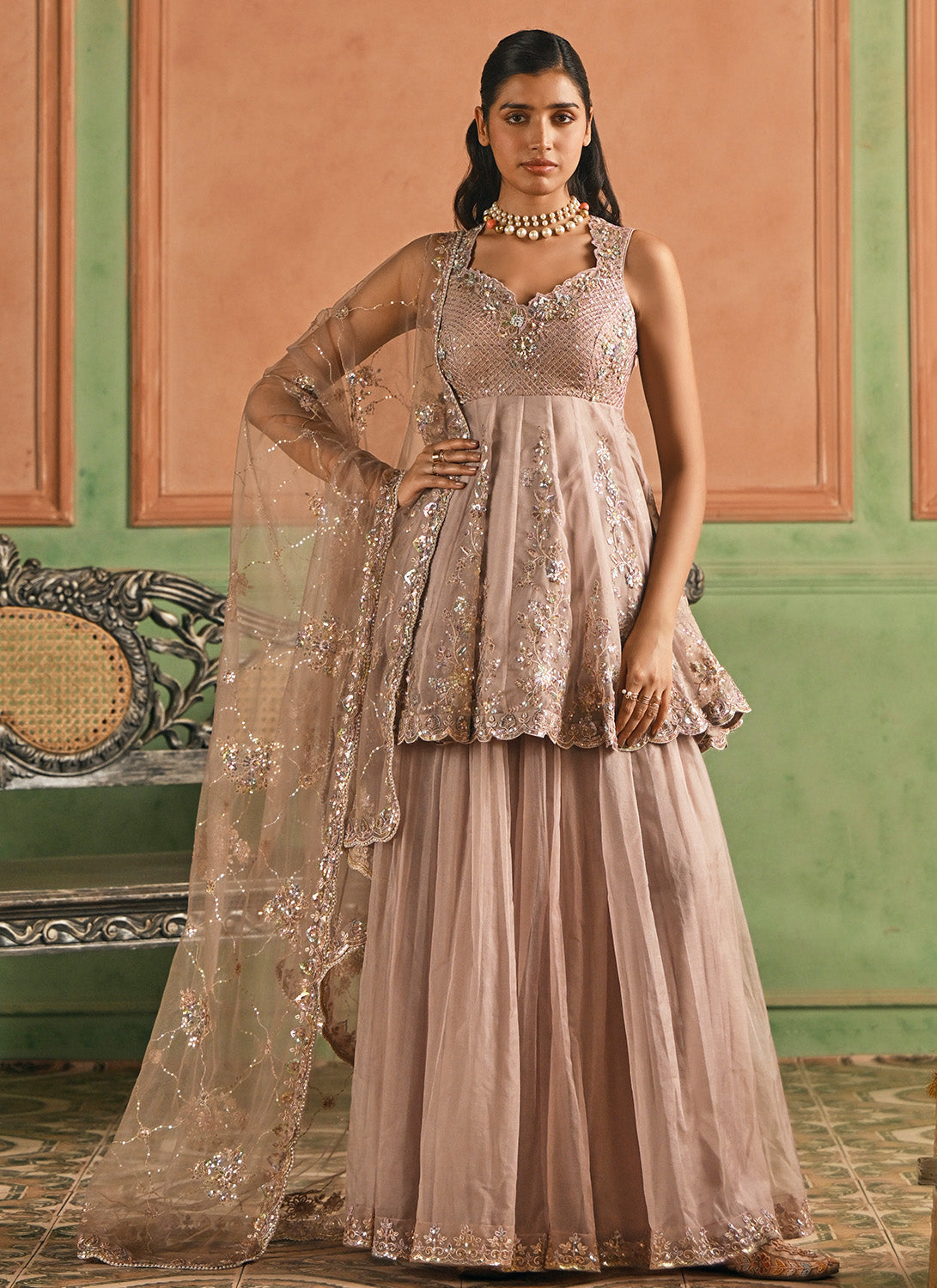 Dusty Rose Pink Embroidered Sharara