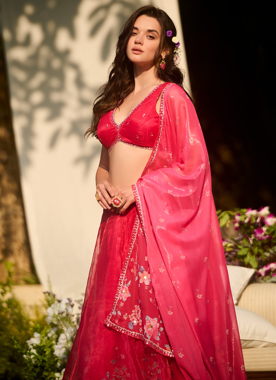 Hot Pink Floral Embroidered Lehenga