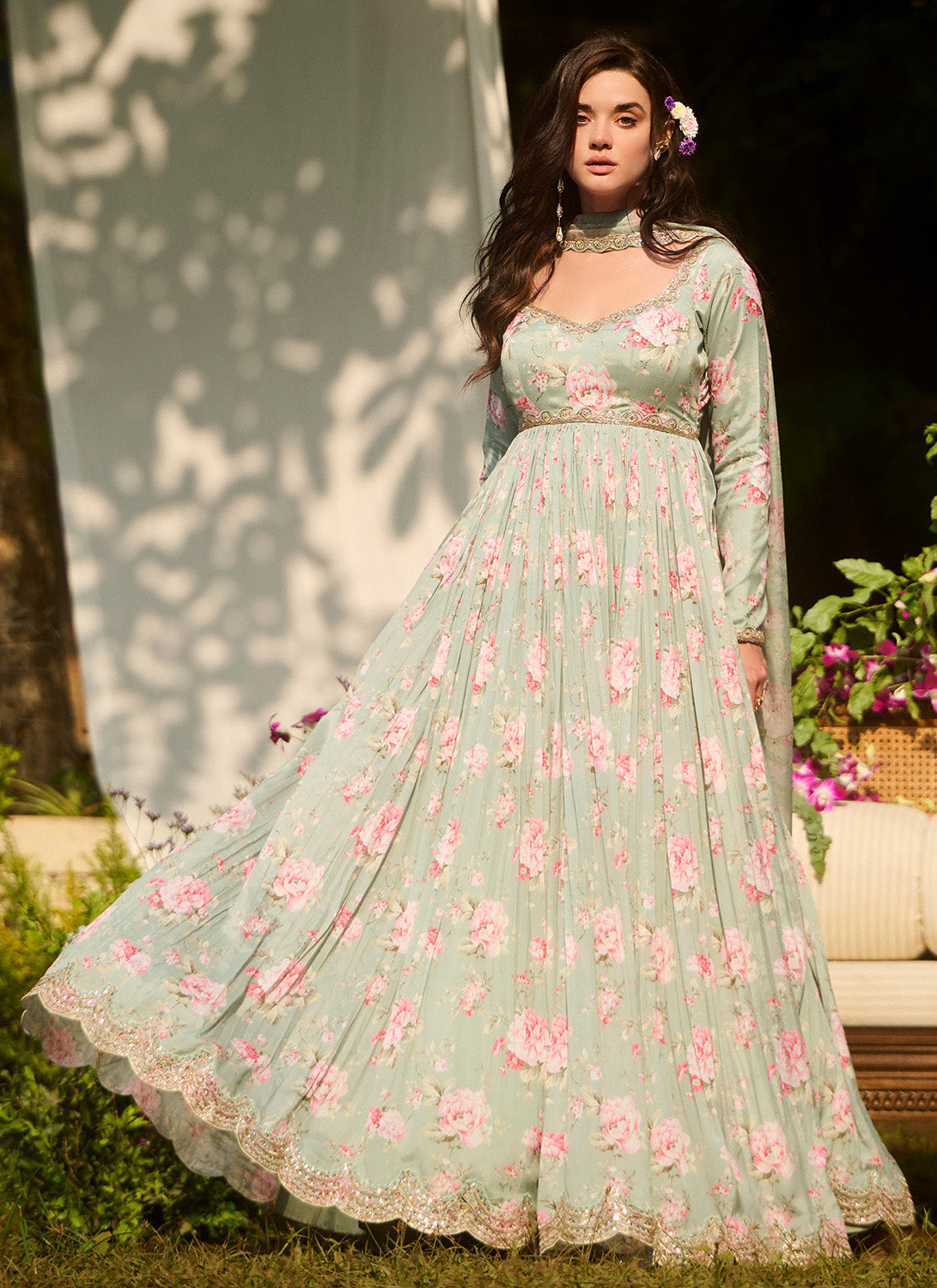 Light Green Multicolor Floral Printed Anarkali