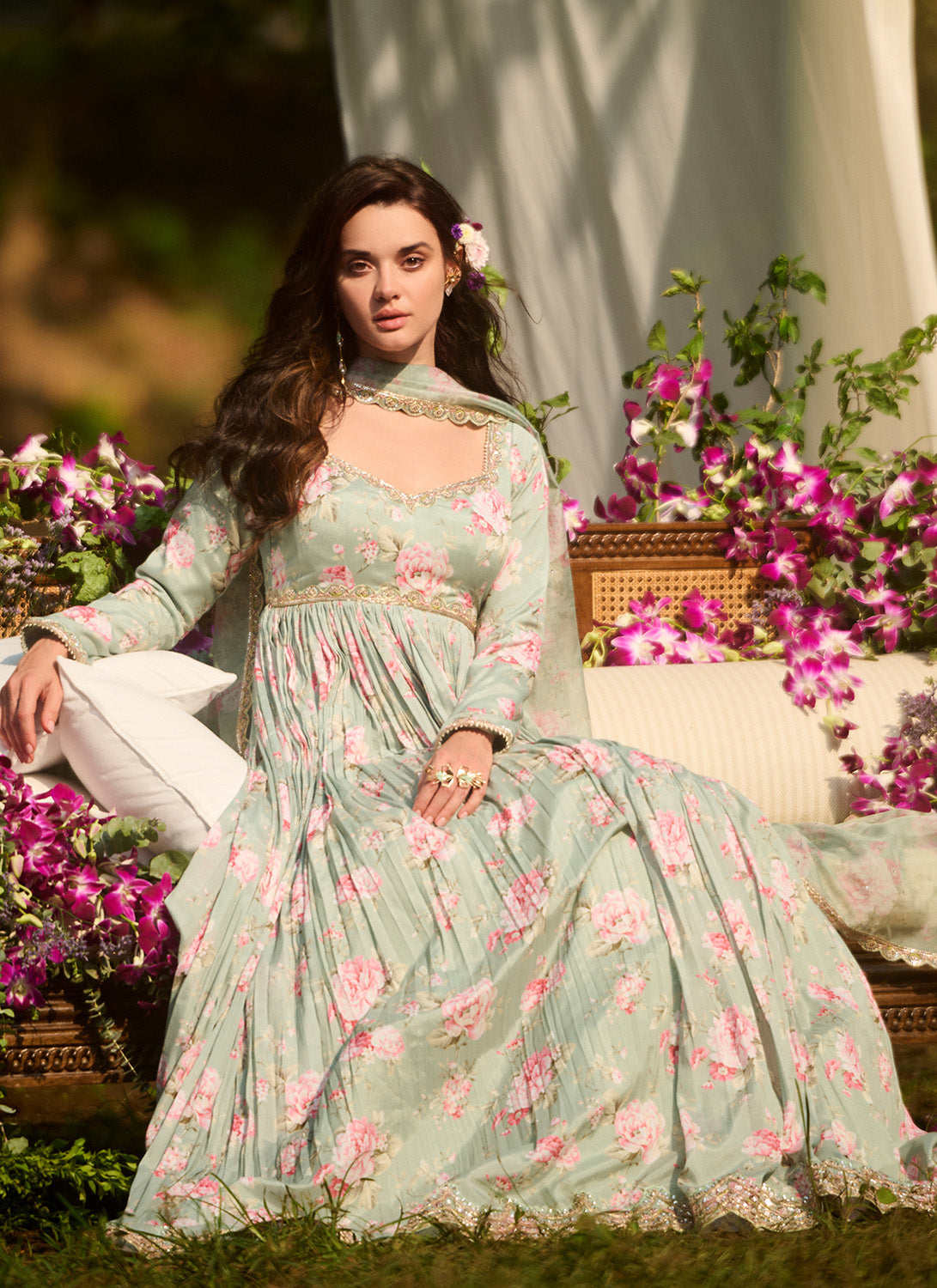 Light Green Multicolor Floral Printed Anarkali