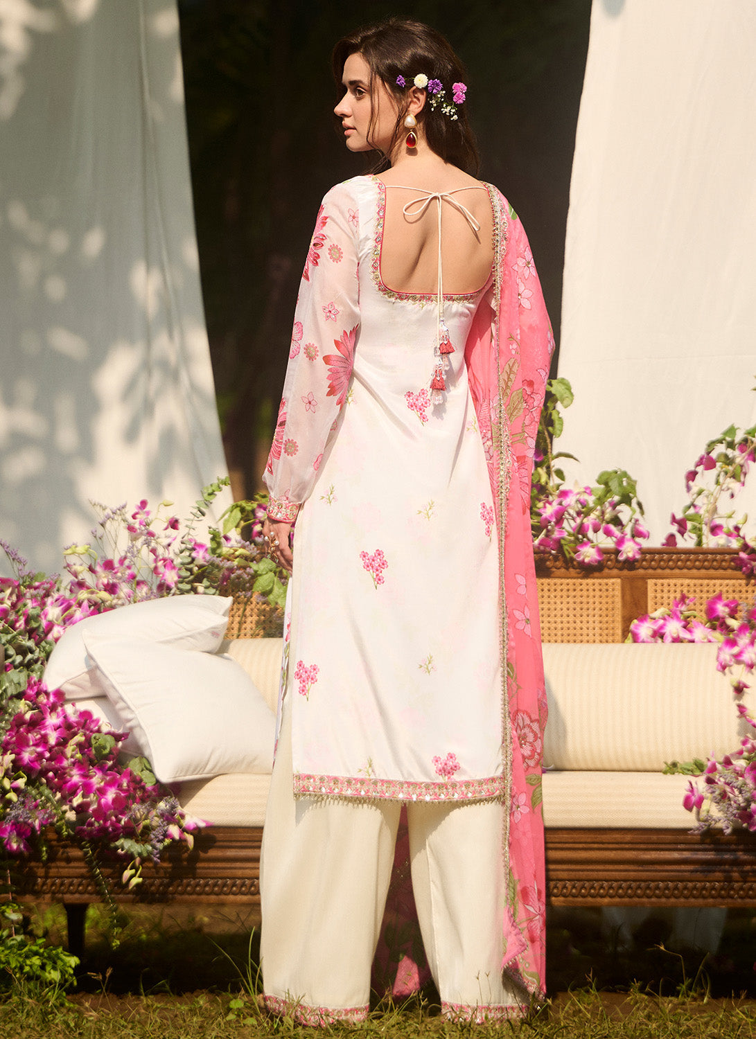White and Pink Floral Printed Palazzo Suit