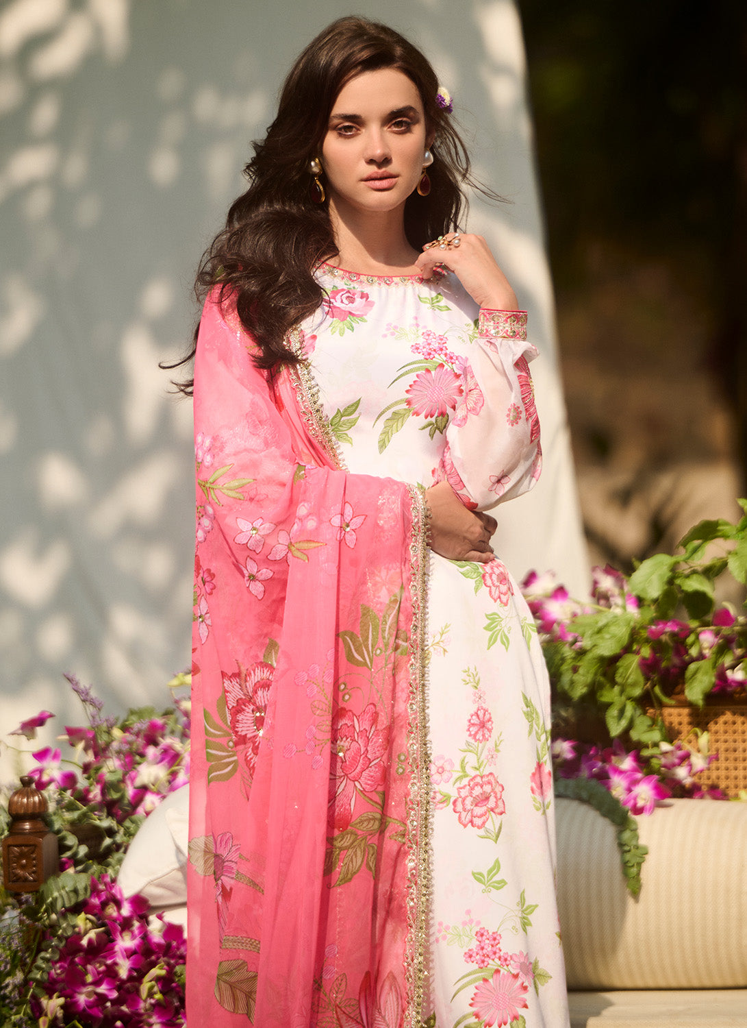 White and Pink Floral Printed Palazzo Suit