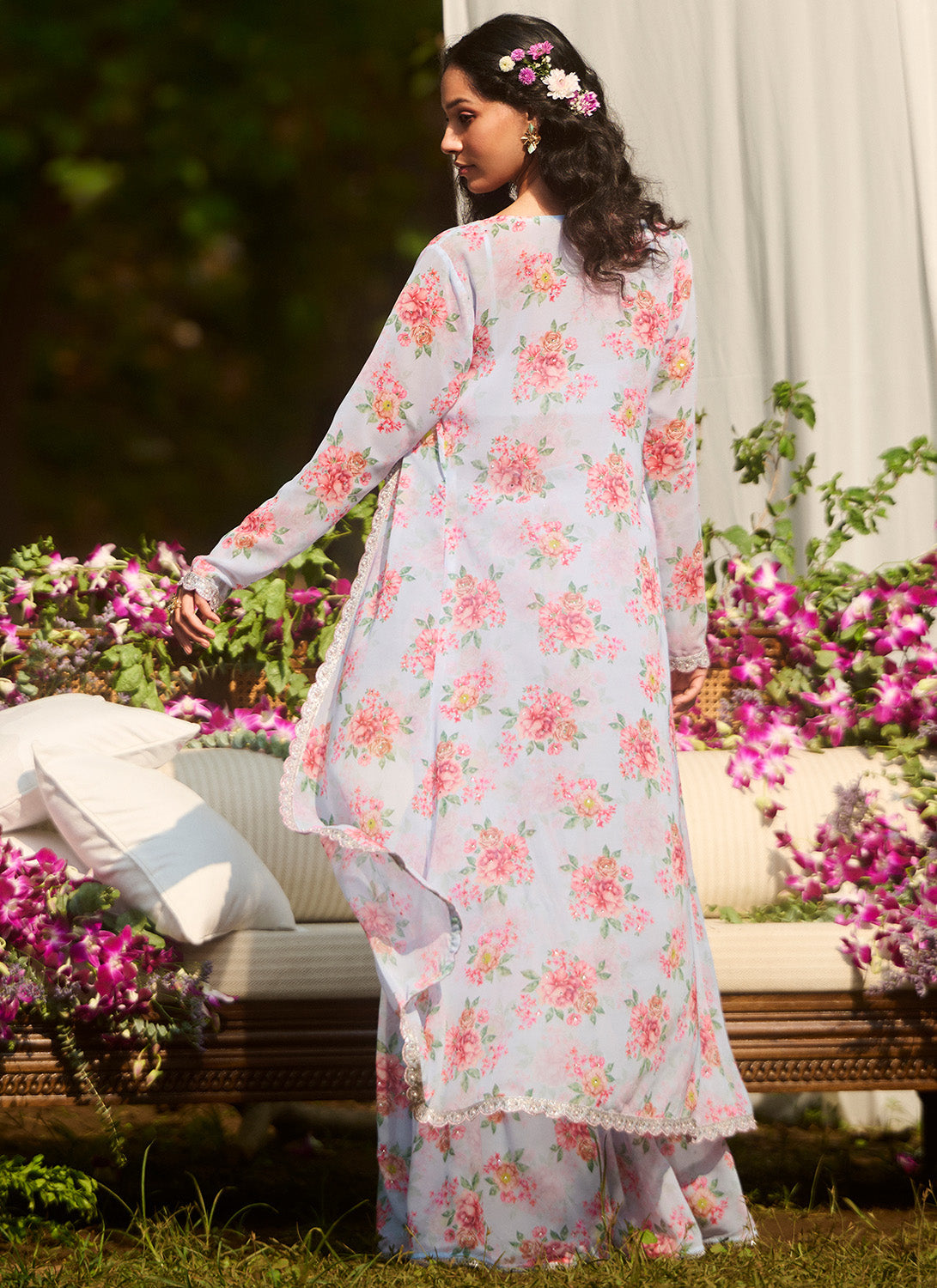 Grey Floral Embroidered Pant Set With Jacket