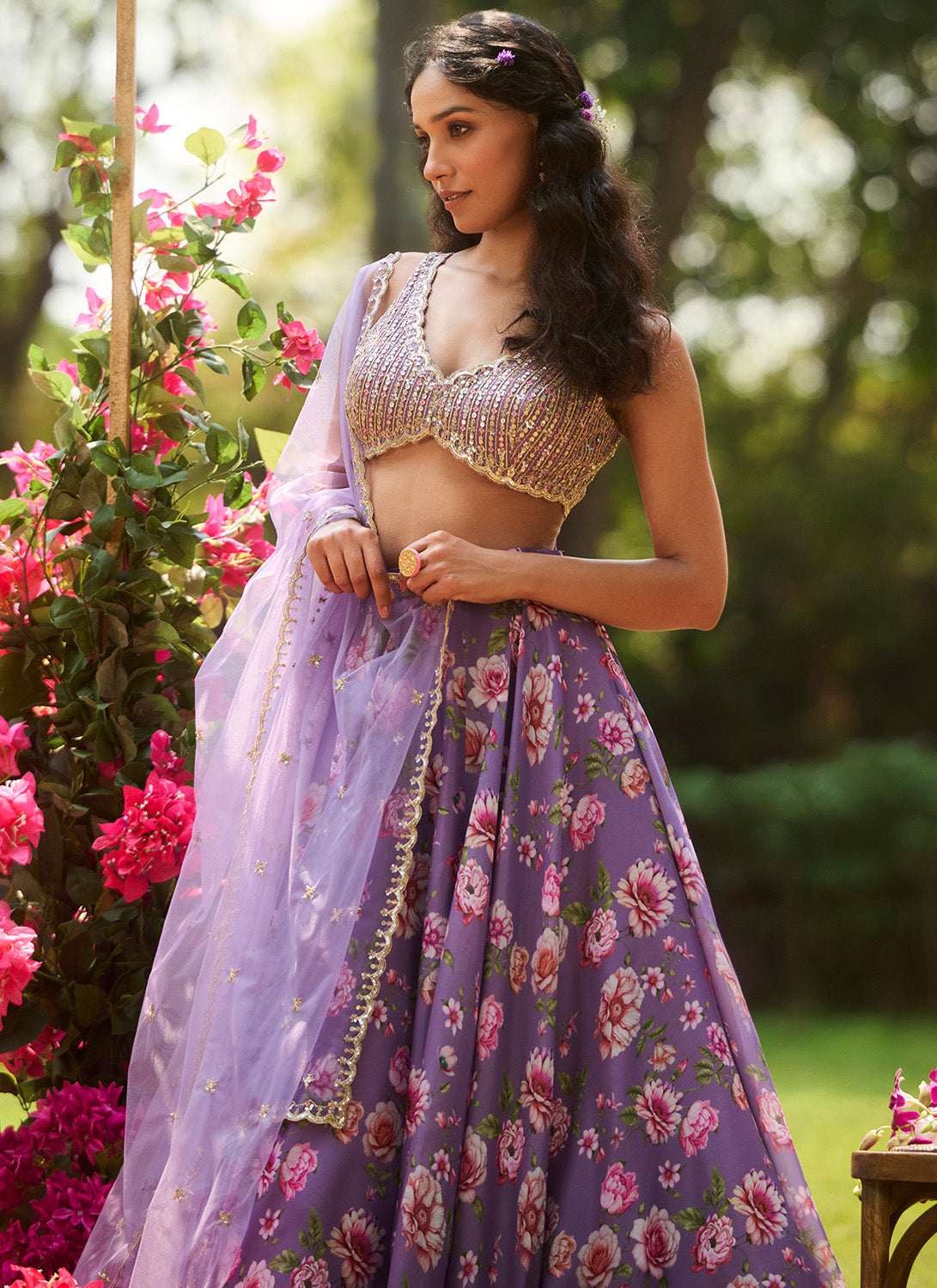 Dusty Purple Multicolor Floral Embroidered Lehenga