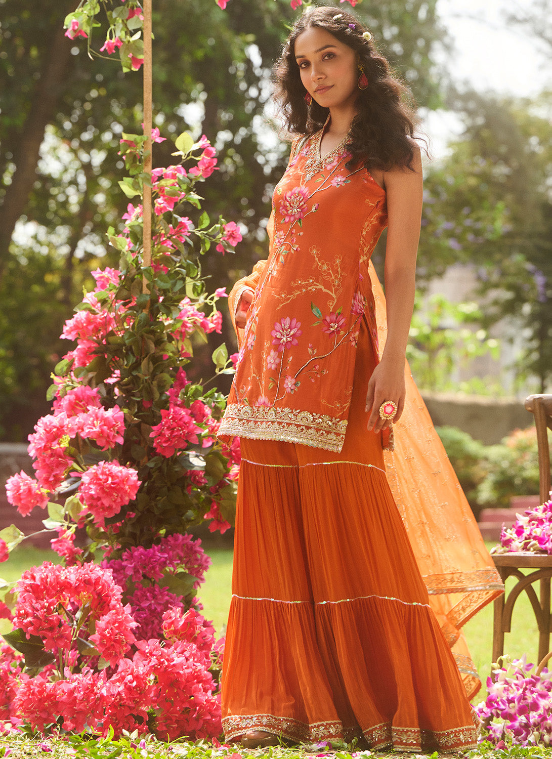 Orange Floral Embroidered Silk Gharara Suit