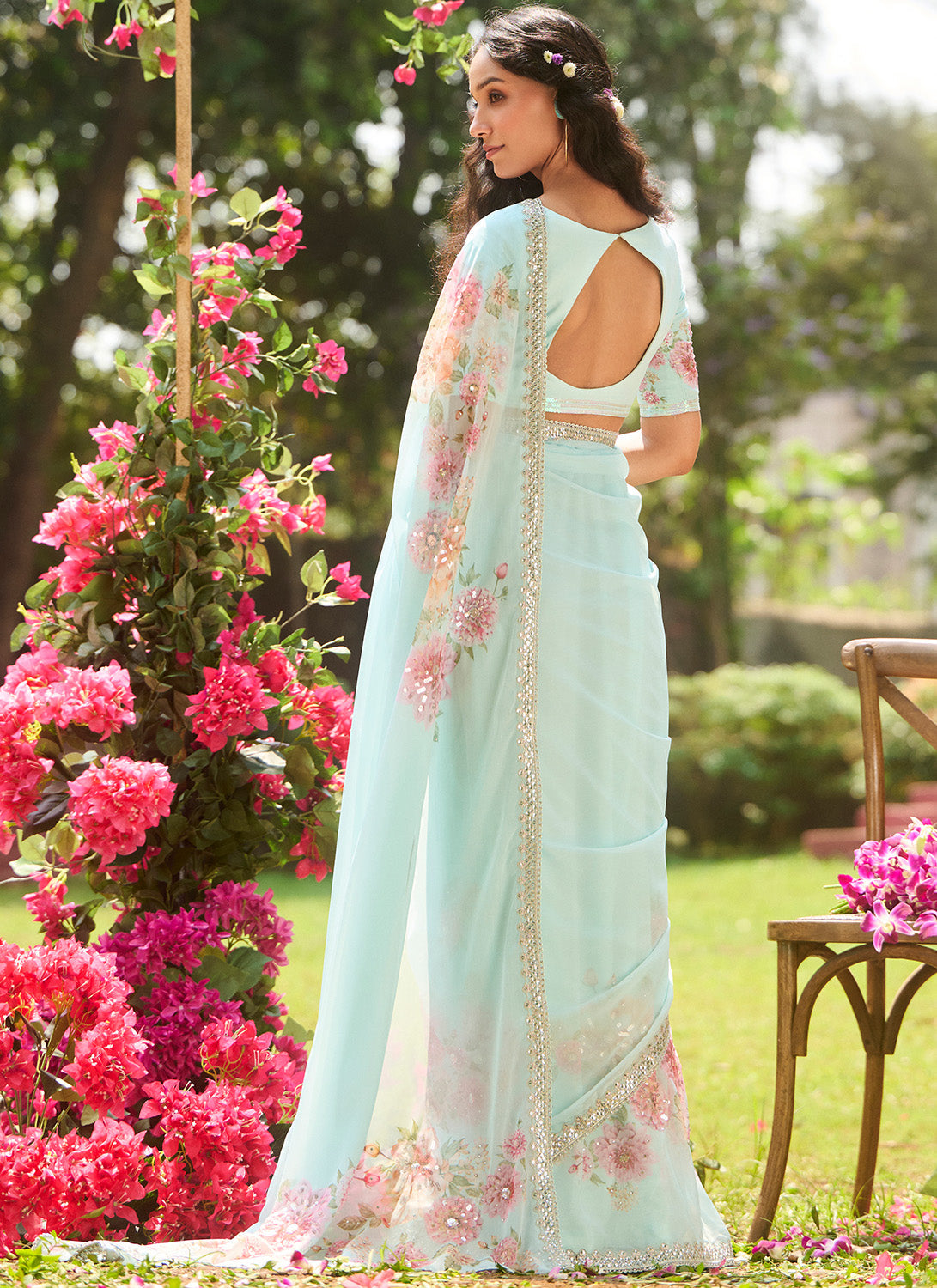 Mint Blue Multicolor Floral Printed Saree