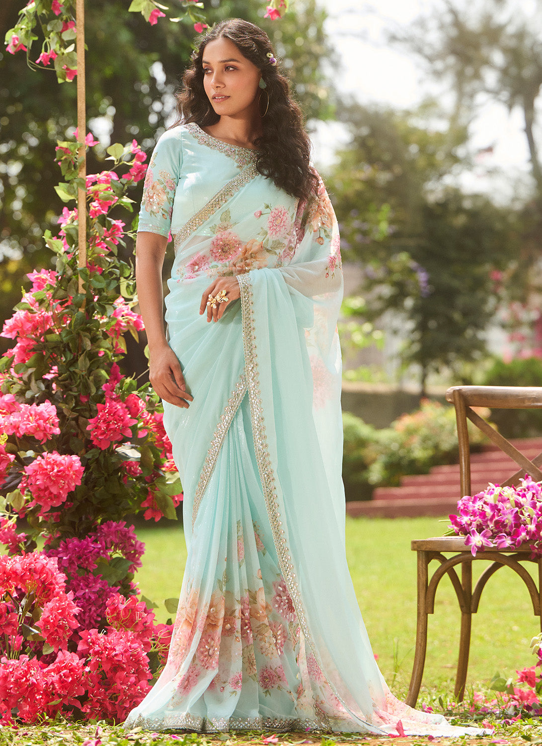 Mint Blue Multicolor Floral Printed Saree