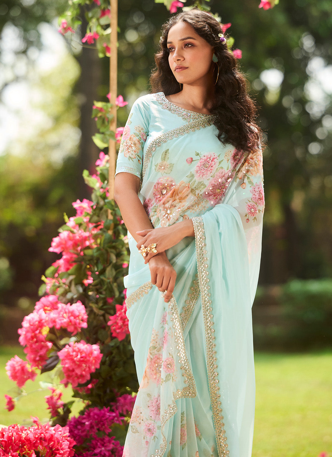 Mint Blue Multicolor Floral Printed Saree