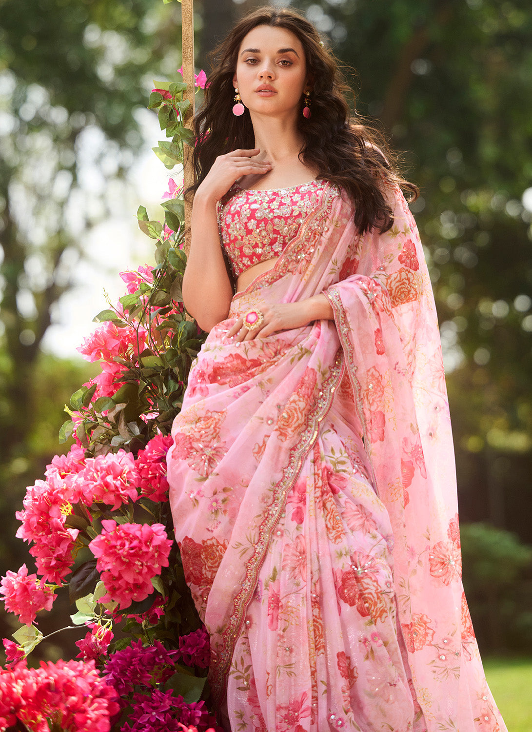 Pink Multicolor Floral Embroidered Saree