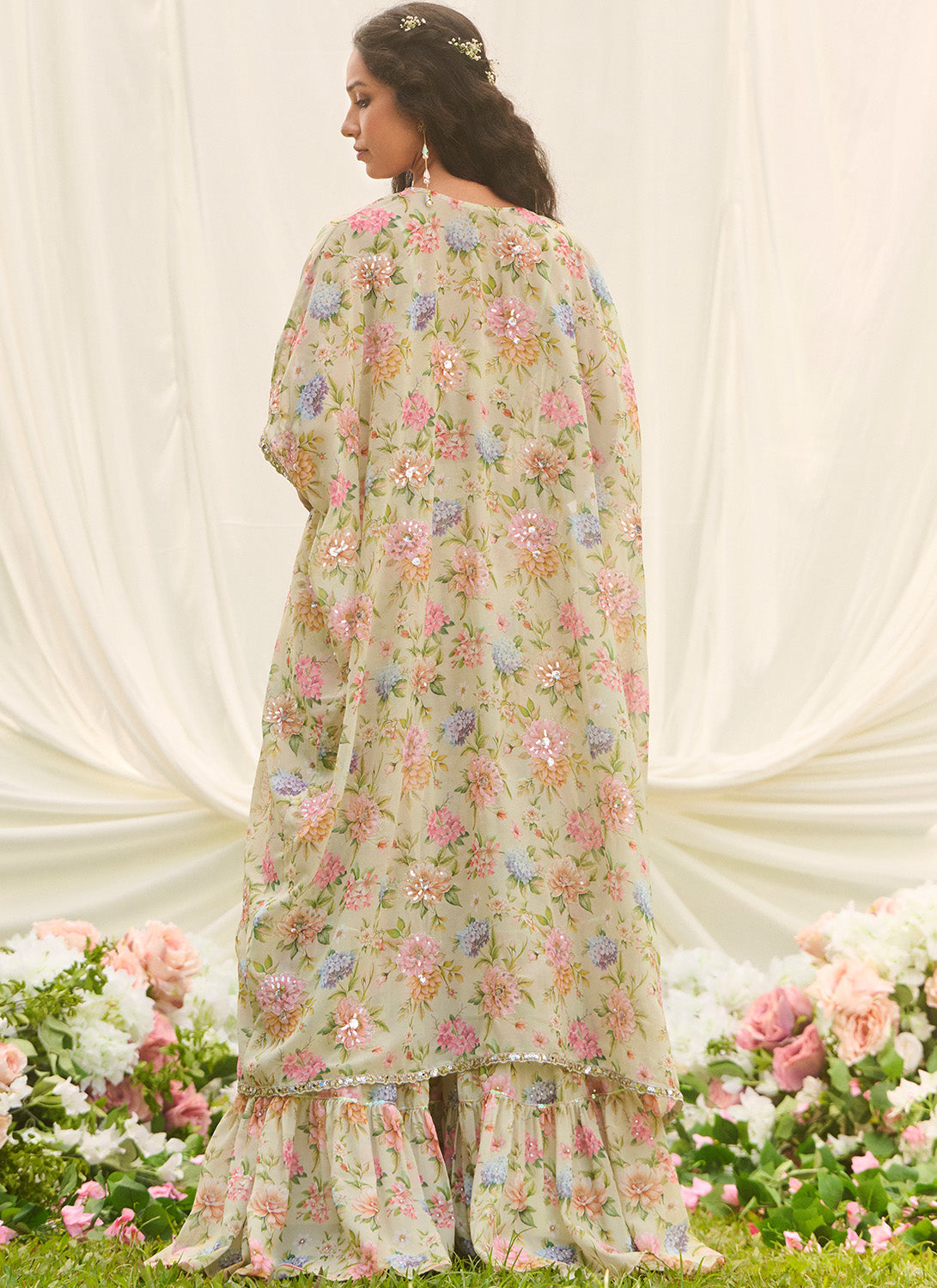 Mint Green Floral Embroidered Pant Set With Jacket