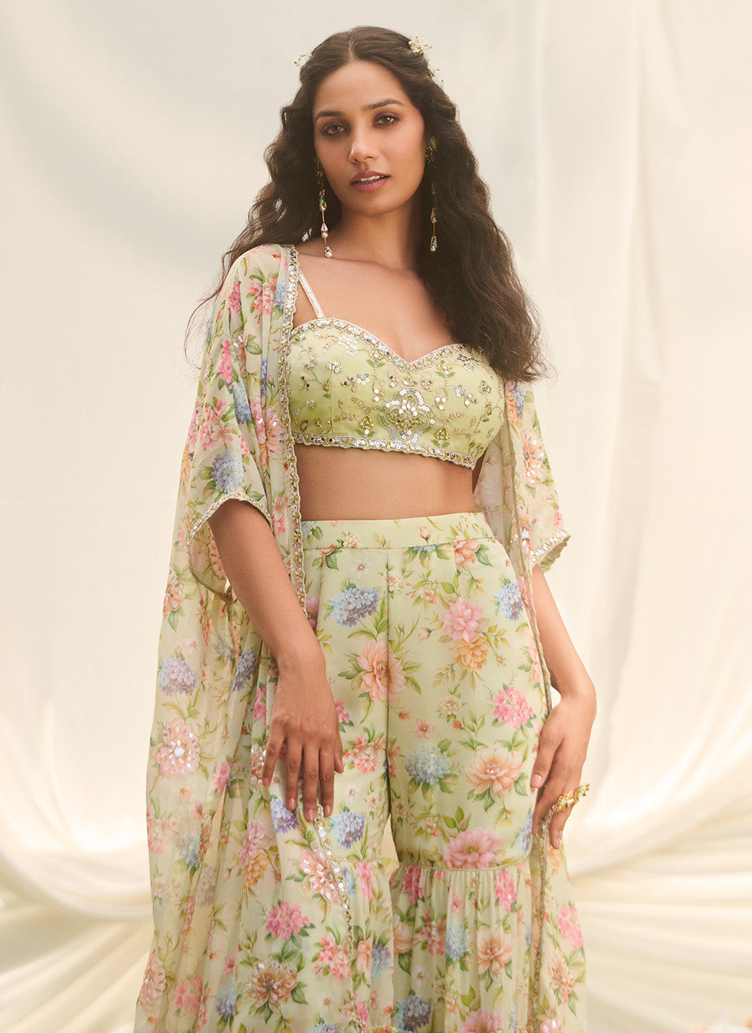 Mint Green Floral Embroidered Pant Set With Jacket