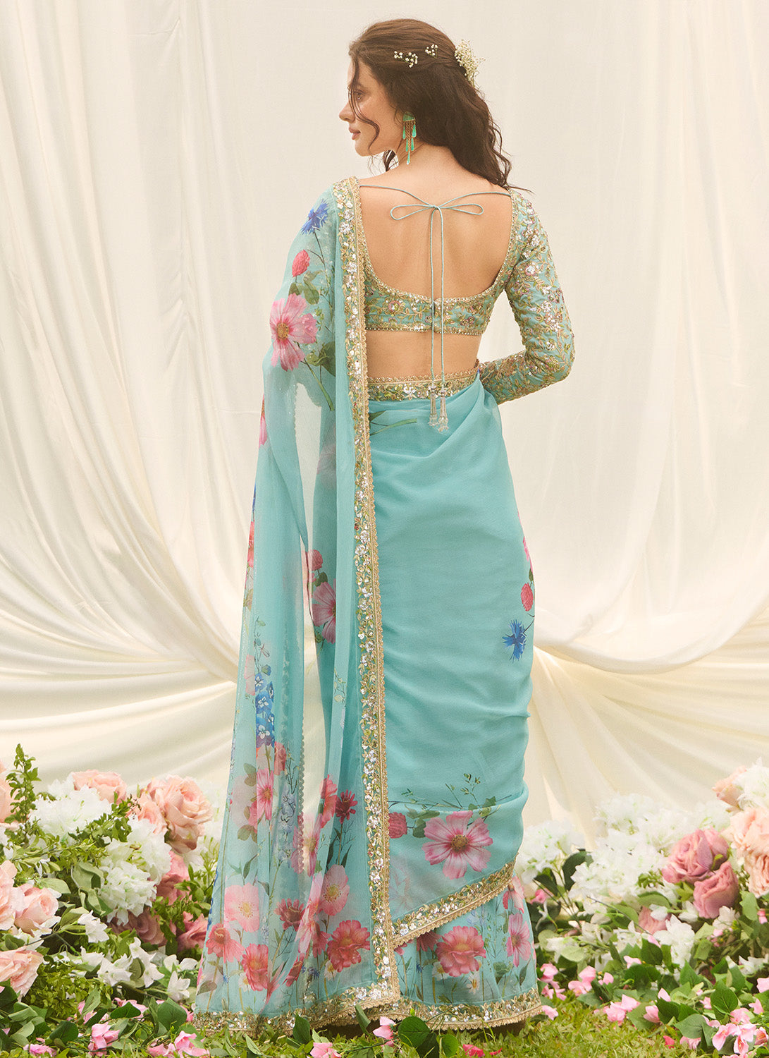 Mint Multicolor Floral Embroidered Saree