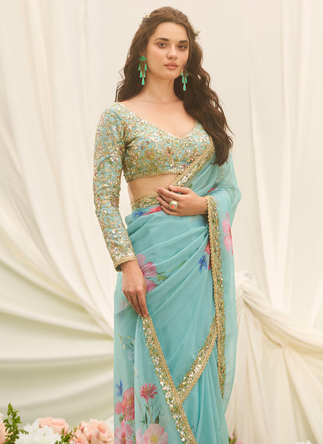 Mint Multicolor Floral Embroidered Saree