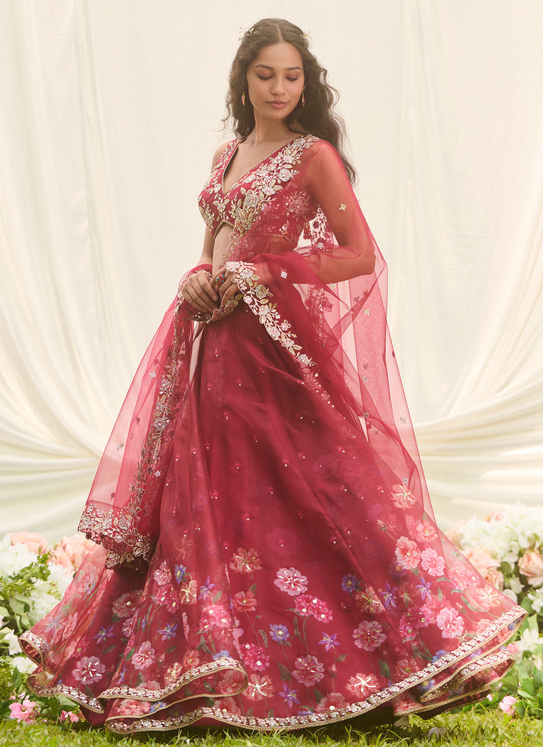 Red Multicolor Floral Embroidered Lehenga