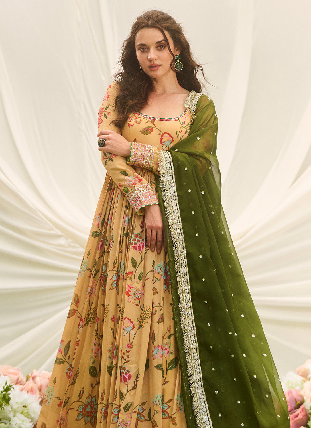 Mustard and Green Floral Printed Anarkali