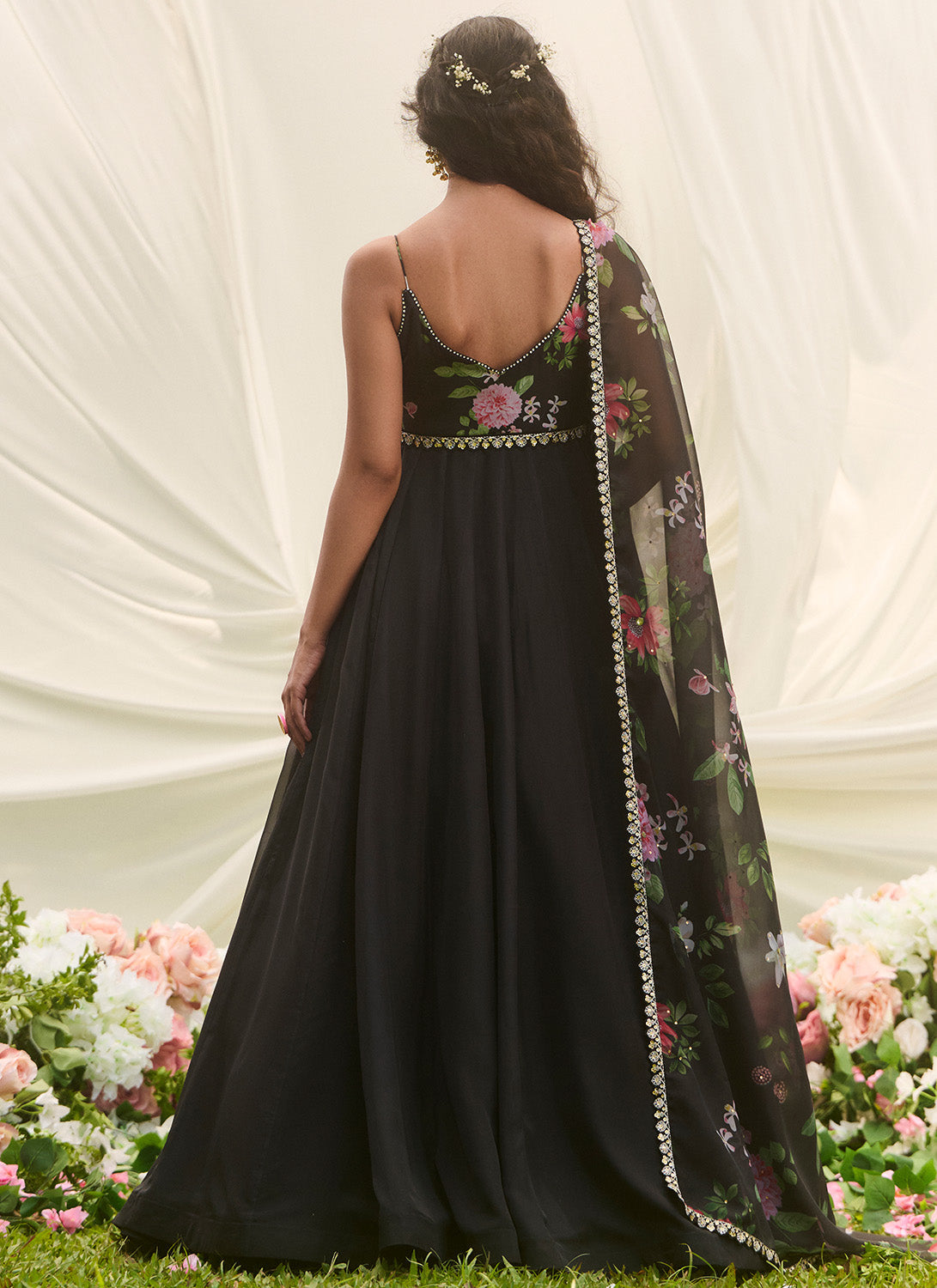 Black Multicolor Floral Printed Anarkali