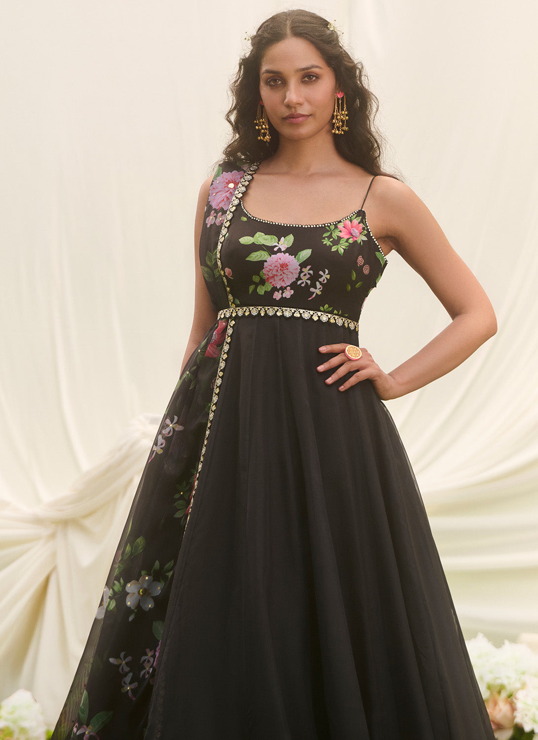 Black Multicolor Floral Printed Anarkali