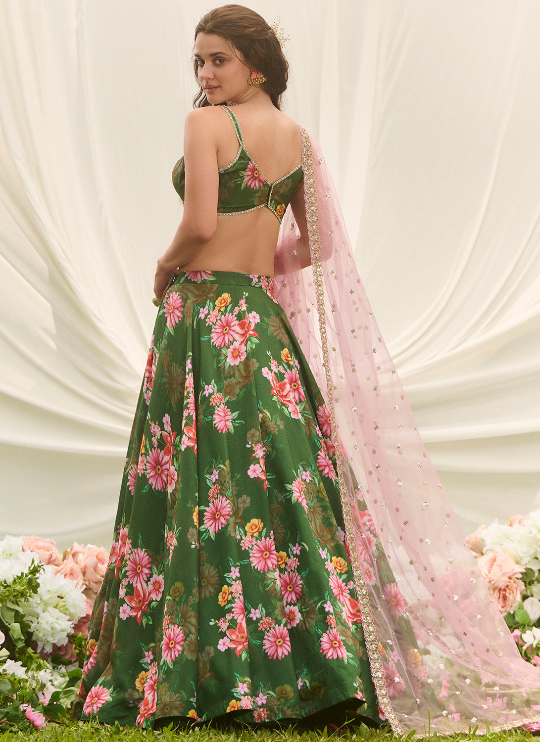 Green Multicolor Floral Printed Lehenga