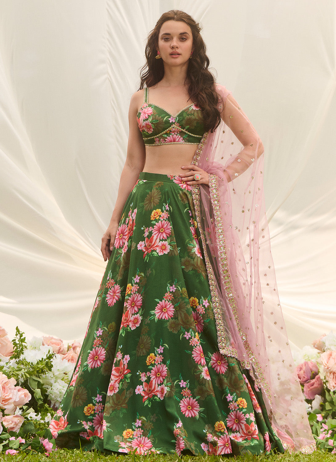 Green Multicolor Floral Printed Lehenga