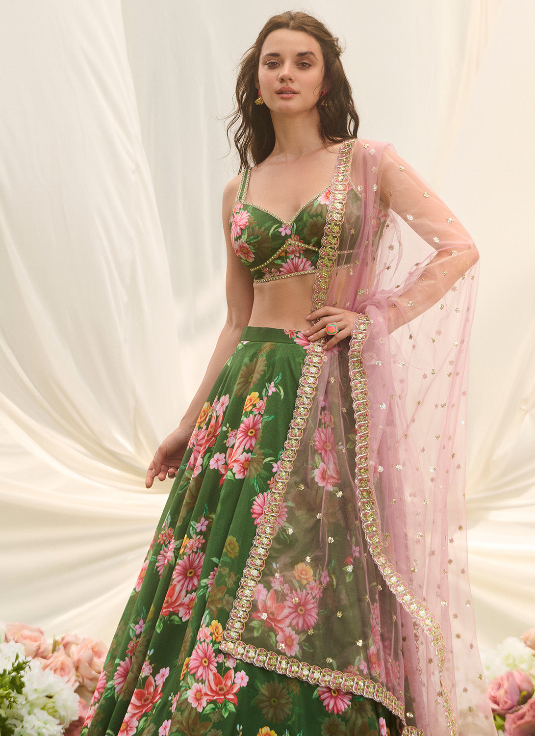 Green Multicolor Floral Printed Lehenga