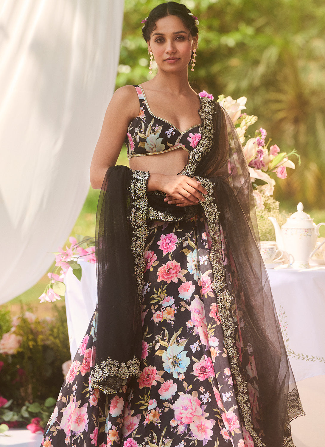 Black Multicolor Floral Printed Lehenga