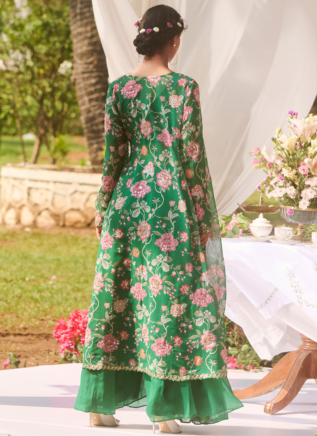 Green Floral Embroidered Pant Set With Jacket